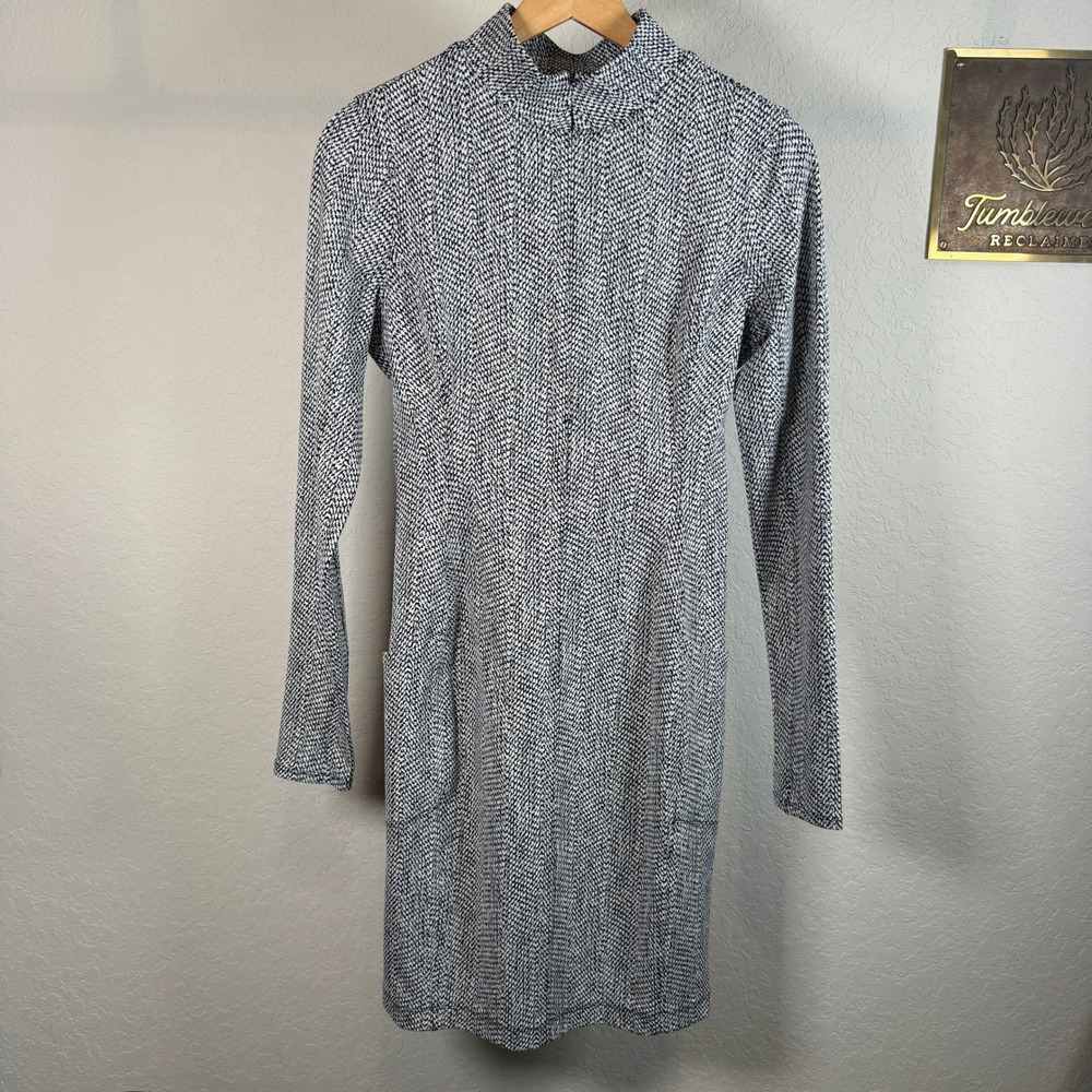 Athleta Delancey Textured Dress Womens Small Black White Herringbone Mock Neck